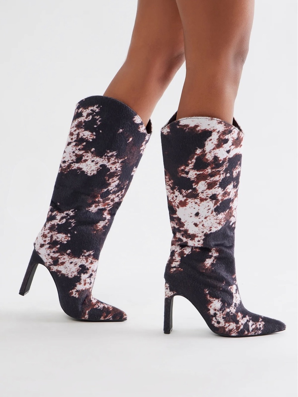 Women's Dark brown and White Animal Print Knee Boots